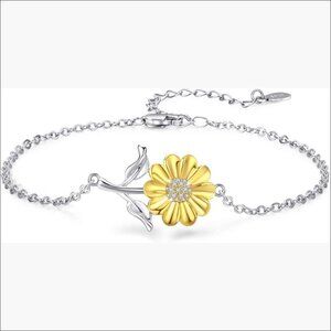 925 Sterling Silver Adjustable Sunflower Bracelet with Heart Charm
